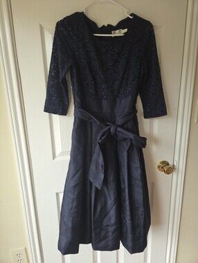 Eliza J Belted Gown Dress Sz 6 Navy Sequins 3/4 Sleeves Wedding Guest Modest